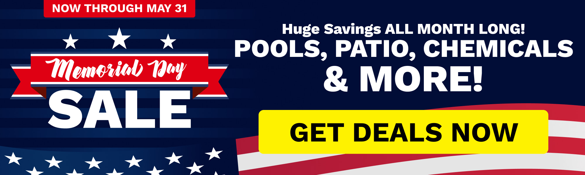 Patriotic Memorial Day sale banner with 'SALE' in bold white letters and 'Get Deals Now' on a yellow pill, red banners and white stars on a blue background