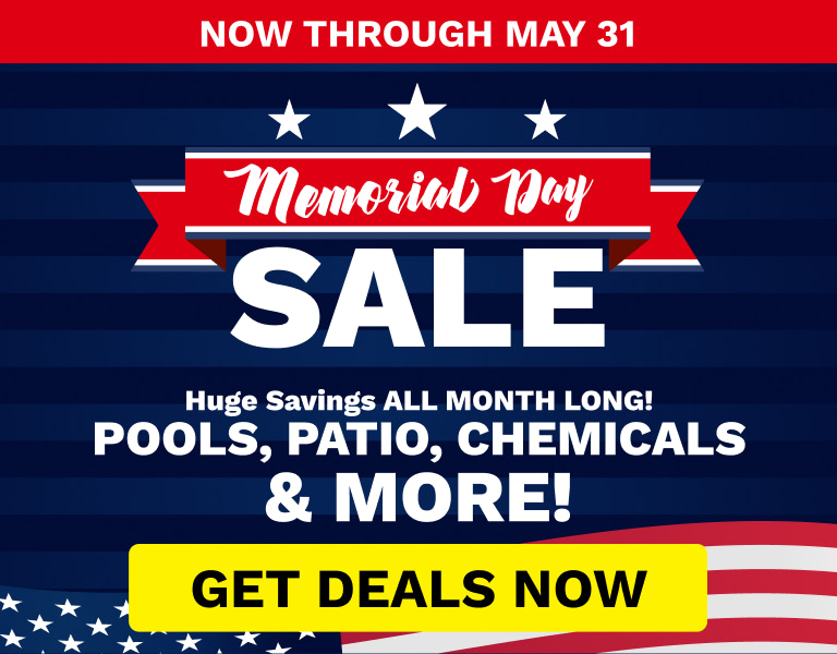 Patriotic Memorial Day sale banner: top red strip says 'NOW THROUGH MAY 31', blue striped background with white stars, bold 'Memorial Day' on red ribbon and large 'SALE', subhead 'Huge Savings ALL MONTH LONG! POOLS, PATIO, CHEMICALS & MORE!', and a bright yellow button reading 'GET DEALS NOW'.