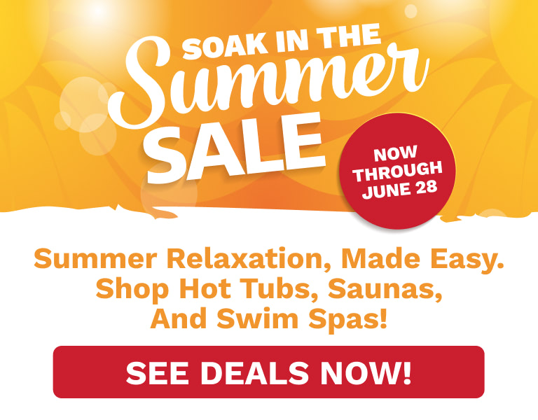 Bright summer sale poster with large 'Soak in the Summer Sale' text, red 'Now Through June 28' badge, orange subtitle about hot tubs, saunas, and swim spas, and a red 'See Deals Now!' button.