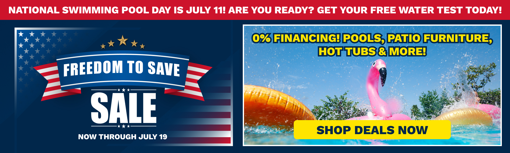 Patriotic sale banner: 'Freedom to Save' with stars and stripes on a dark blue background, sale through July 19.