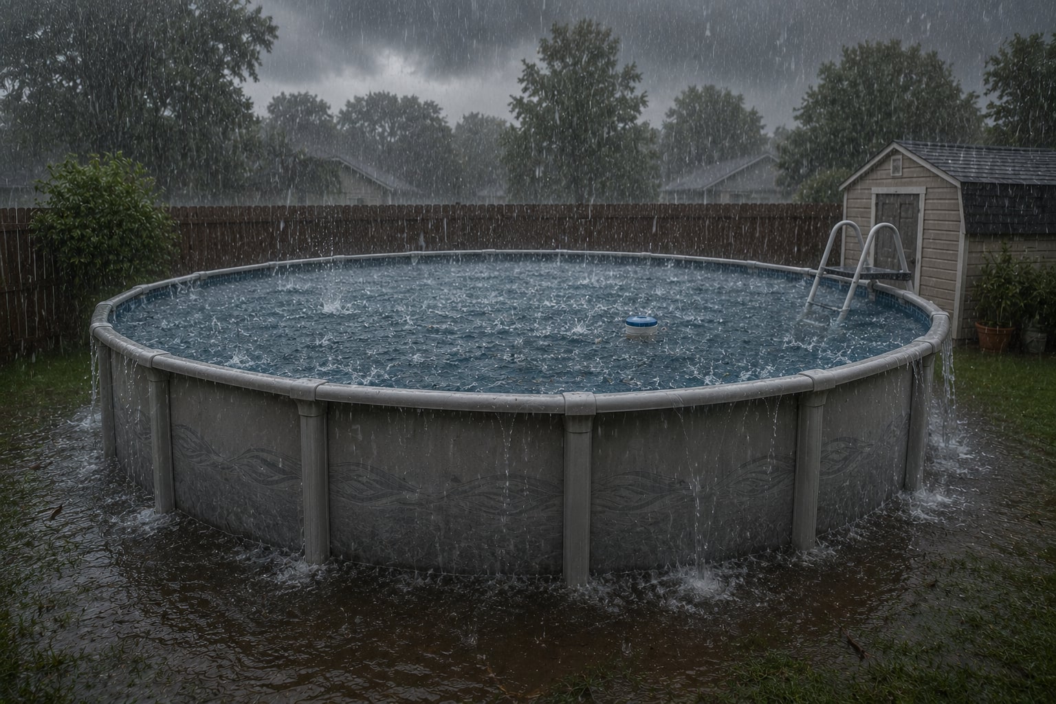 storm-pool-care-02 | Splash Pools and Spas Round above-ground pool in a flooded backyard during a heavy rainstorm; water spills over the edge onto the wet grass and patio area near a wooden fence.