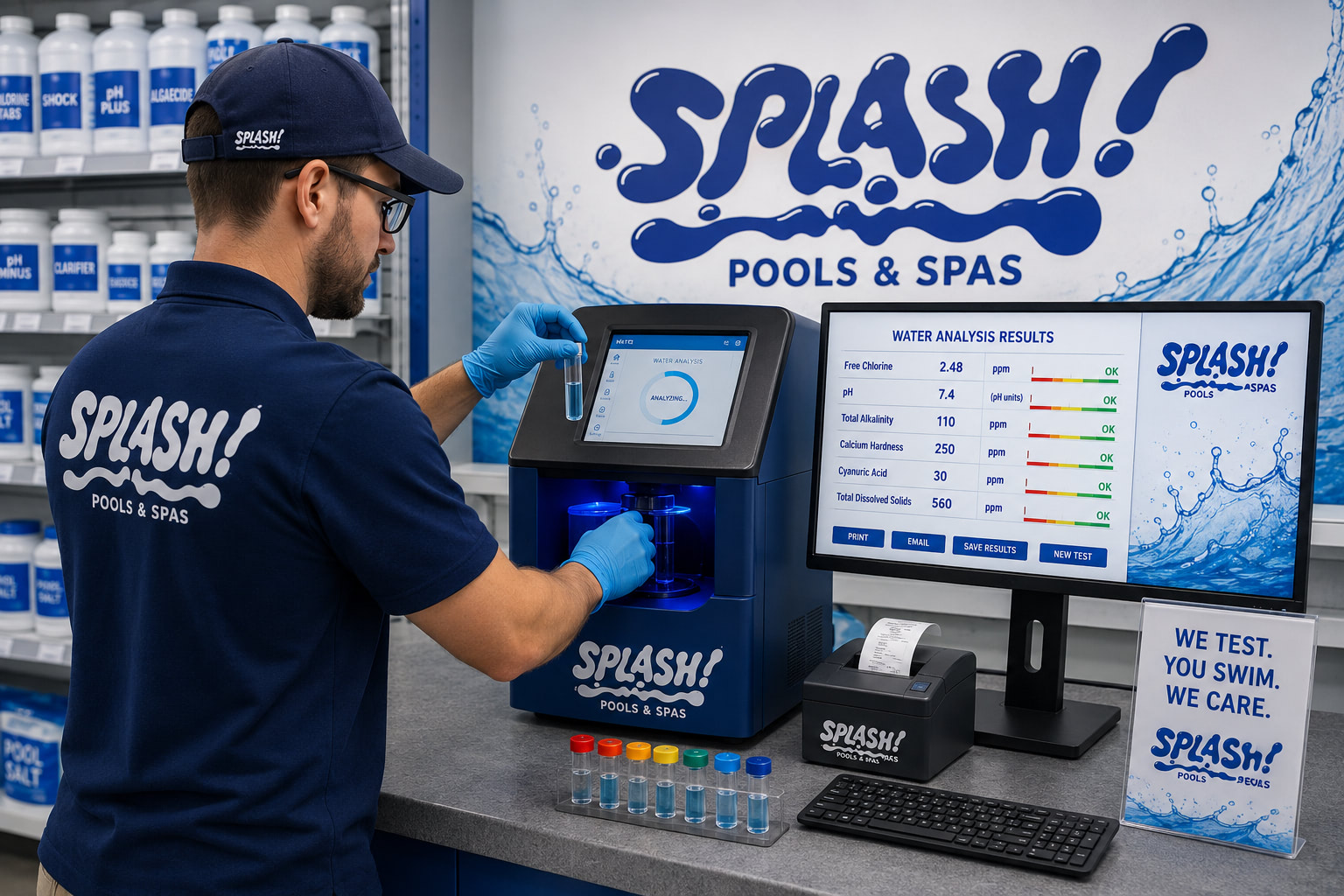 storm-pool-care-03 | Splash Pools and Spas Technician in Splash! uniform analyzes a water sample at a testing station with a touchscreen display and blue gloves.