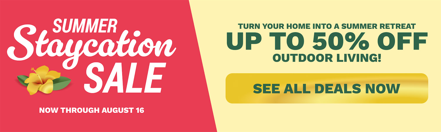 Promotional banner split red and yellow: left side reads 'Summer Staycation Sale' with a yellow hibiscus flower; right side offers 'Up to 50% off Outdoor Living!' and a gold 'See all deals now' button.