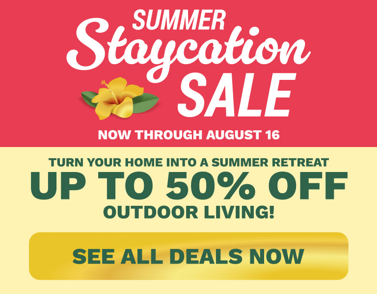 Summer Staycation Sale banner: up to 50% off outdoor living with a hibiscus graphic and a 'See All Deals Now' button