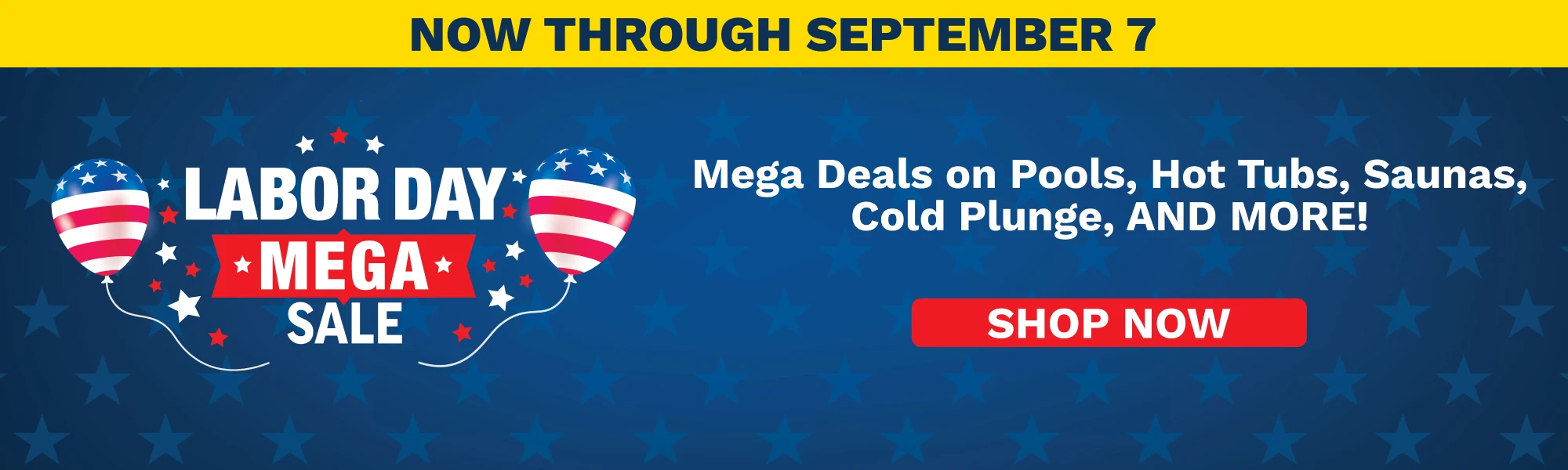 Labor Day Mega Sale banner with patriotic balloons on a blue star background and a red Shop Now button.