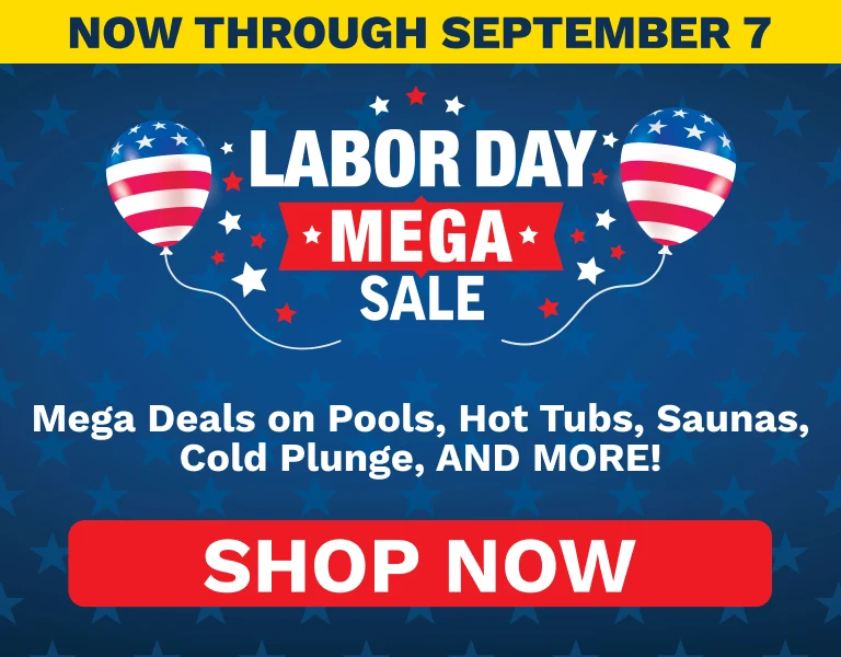 Promotional Labor Day mega sale banner with balloons, stars, and a bold 'Shop Now' button for deals on pools, hot tubs, saunas, and more.